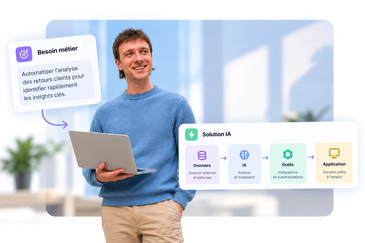 Un professionnel avec son ordinateur portable ; un besoin métier se transforme en solution IA.