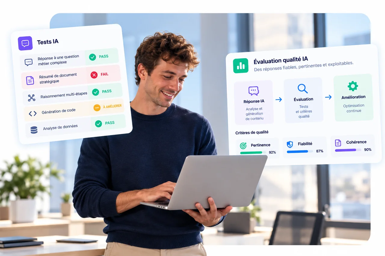 Un ingénieur sur son ordinateur portable, entouré de résultats de tests et de critères de qualité IA.