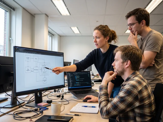 Une équipe d’ingénieurs examine un schéma d’architecture sur écran.