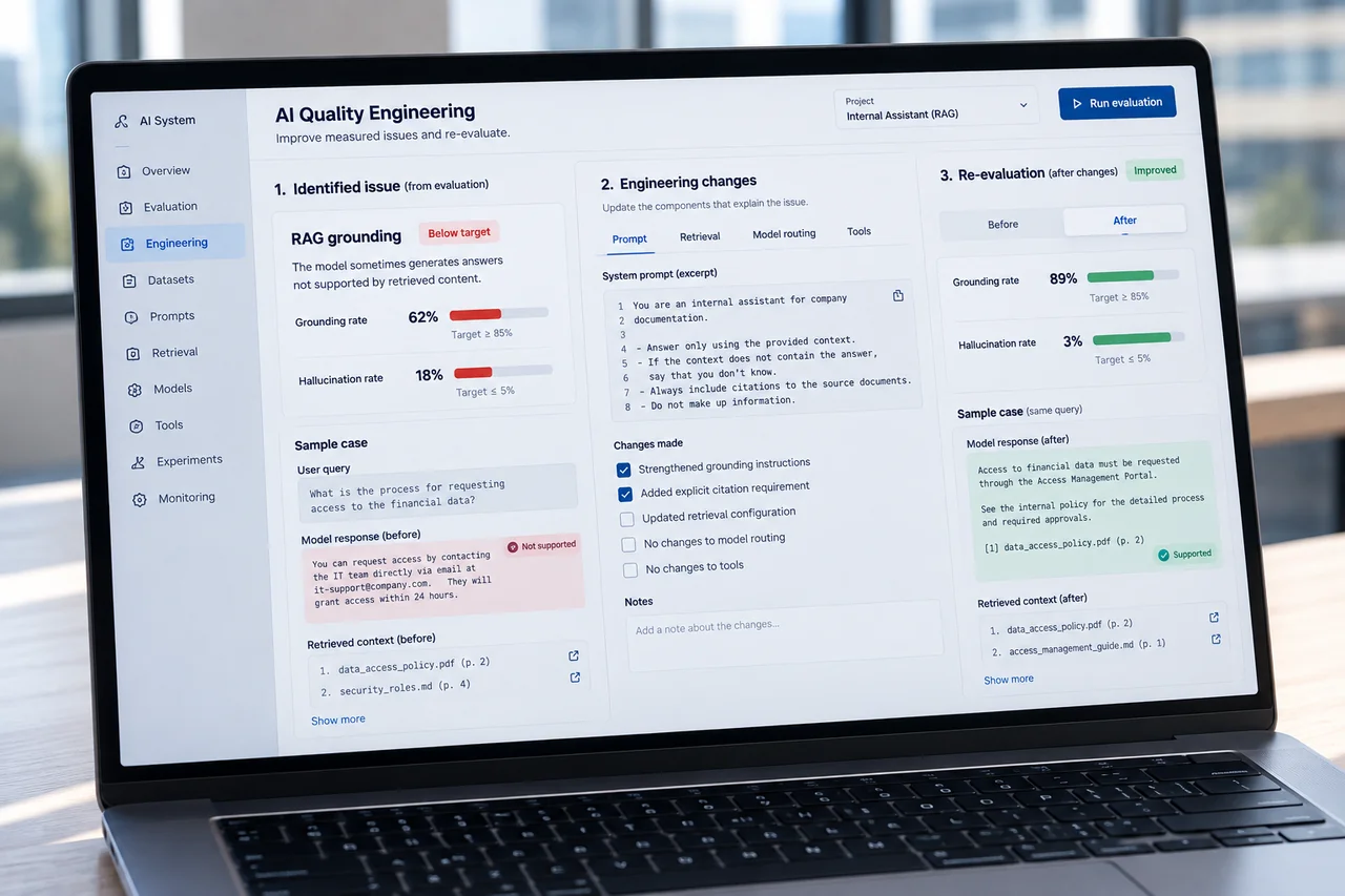 Ordinateur portable montrant un problème mesuré, les modifications apportées puis la réévaluation avant/après.