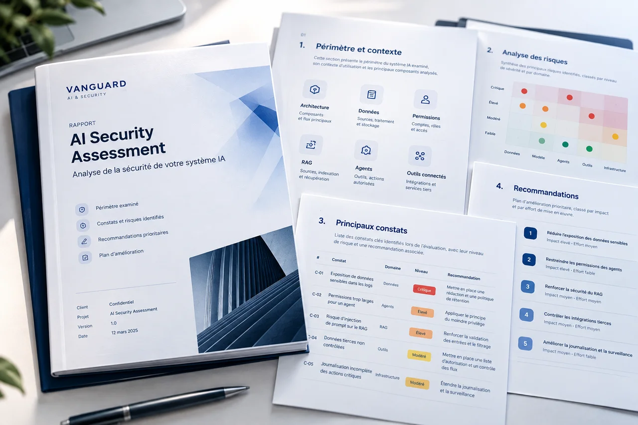 Rapport d’évaluation de sécurité IA présentant le périmètre, l’analyse des risques, les constats et les recommandations.